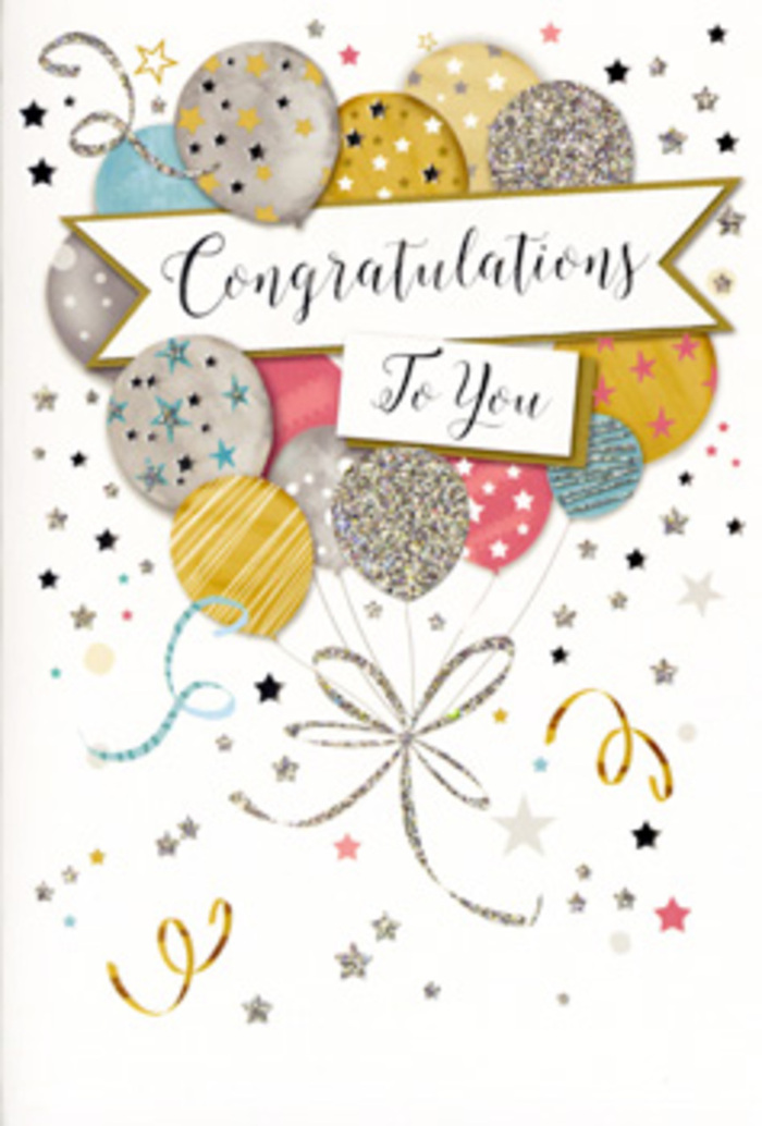 Shown is an elegantly designed congratulations card that captures the atmosphere of a refined celebration, the kind you might share over coffee and cake in a cosy Queensbury café after good news. The illustration centres on a bouquet-style cluster of balloons, arranged almost like a hand-tied floral design. Each balloon is round and softly shaded, suggesting a gentle shine across its surface. The colours are carefully chosen: brushed gold, muted silver, pale champagne, cool sky blue, tender blush pink and soft dove grey. Some balloons feature small, evenly spaced stars, others slender curved stripes or a dusting of glittery speckles, bringing rich visual interest while maintaining a cohesive, sophisticated look. Their strings fall from the base in elegant, wavering lines of metallic ink, some looping and curling as if gently swaying in the still air of a quiet living room along Streatfield Road. The background remains intentionally soft and neutral, scattered with floating stars, confetti dots and curling ribbon shapes that sweep and arc across the card, suggesting the joyful motion of party decorations caught in slow motion. A central banner stretches horizontally through the middle of the design, lightly bordered and gently curved, as though it is softly unfurling across the balloons. Inside the banner, a 'Congratulations' message appears in graceful, flowing script, ornate yet highly readable. This combination of buoyant balloons, shimmering detail and refined lettering creates a mood of warm recognition and pride. It is easy to imagine this card standing beside a vase of fresh flowers delivered to Queensbury, marking a promotion, graduation, engagement or another special achievement with understated glamour and heartfelt joy.
