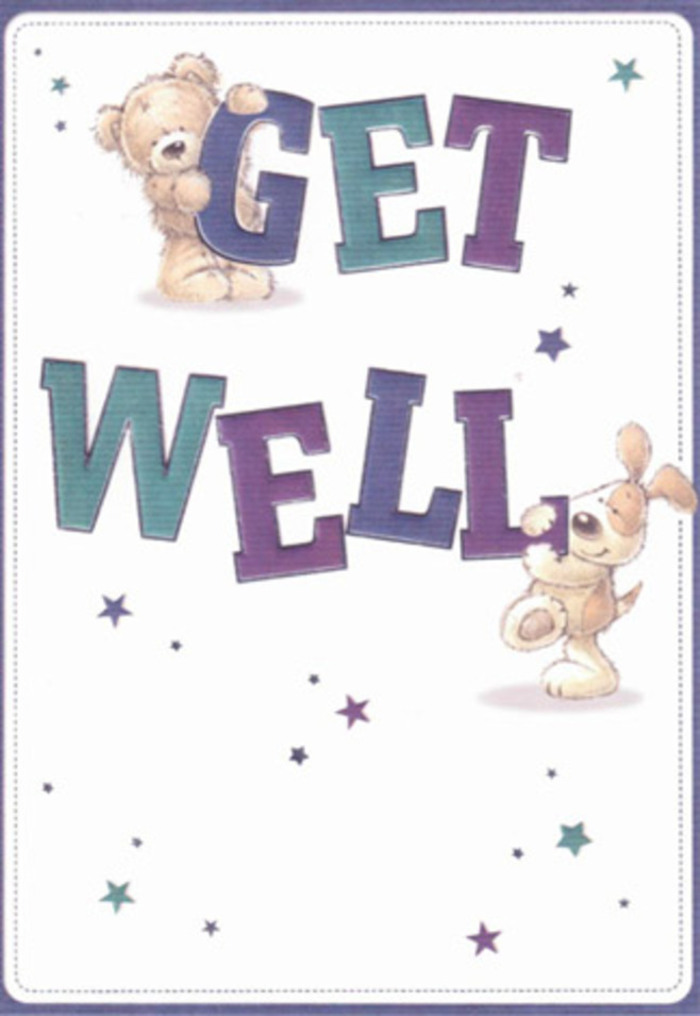 A playful celebration of support and hope, this get well card delights with its sweetly sketched bear and floppy-eared puppy, joyfully enveloped in a scattering of whimsical stars. The vibrant purples and aquas that ground the bold, oversized letters echo the cheerful tones often found in bouquets crafted by Queensbury's expert florists. There is a tactile softness to the illustrations-the plush texture of the bear's fur and the silky flop of the puppy's ears almost tangible to the viewer-infusing the scene with comfort and warmth. The card's light, airy composition feels like a breath of fresh air on a sunny day in Roe Green Park, perfect for brightening the spirits of loved ones recuperating at home or hospital. Every element, from confident typography to meticulous brushwork, is placed with intention, much as a florist arranges every stem: to offer heartfelt encouragement and let someone know that support is never far away in the Queensbury community.