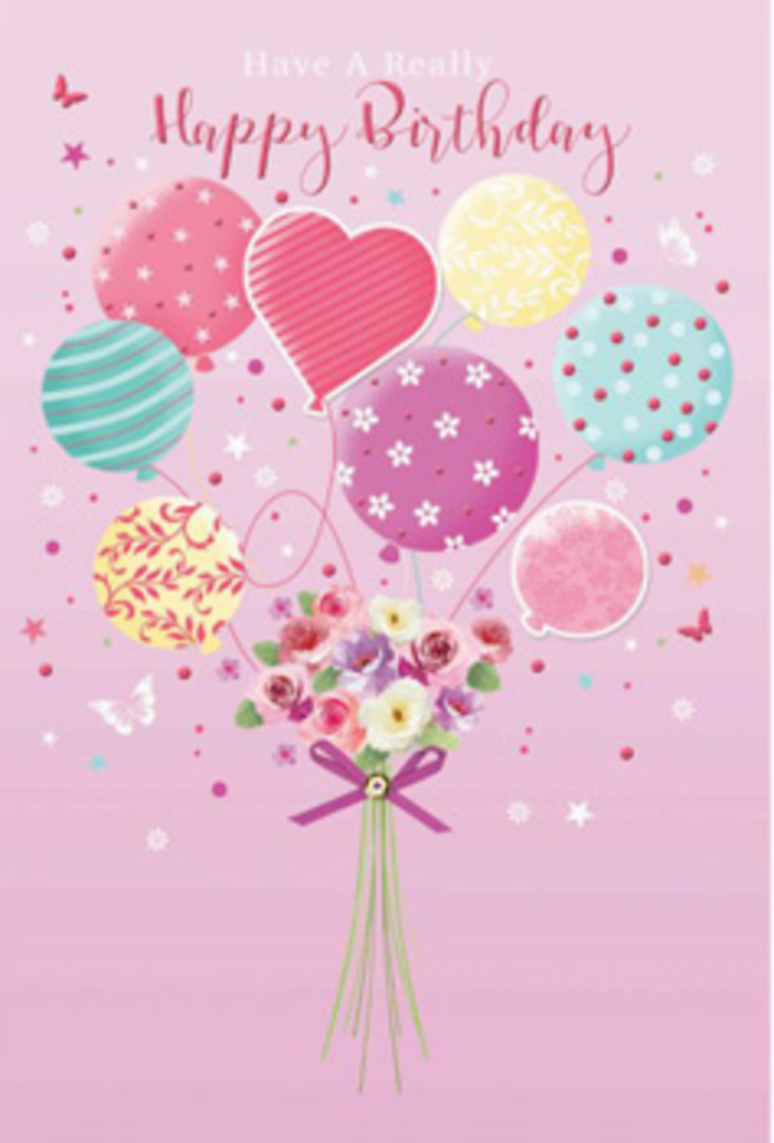 There is a quiet yet joyful sense of celebration woven through this birthday image, as though a tiny garden party has risen above Queensbury's rooftops and been captured mid-flight. The background is a soft, blush-pink wash that lets the central bouquet of balloons and flowers take focus. A cluster of pastel balloons floats upward, overlapping in a pleasing arrangement of pale sunshine yellow, rosy fuchsia, muted teal, and gentle lavender. Each balloon is decorated with a different touch: ribbons spiralling gracefully, sprinkles of polka dots, and delicate floral swirls that echo the petals below. A softly glowing heart-shaped balloon sits near the centre, radiating affection, like a birthday wish whispered from a close friend or family member. From the point where the ribbons meet, a hand-tied bouquet forms the base, as though the flowers are gently lifting the balloons into the sky above Queensbury's quiet residential streets. The bouquet is made up of petite roses and soft, daisy-like flowers, their velvet petals shaded from creamy white to blush and rose-pink tones, as if lit by the first rays of morning light. The imagined scent is tender and sweet, like a freshly delivered arrangement resting on a kitchen table. A neat purple satin bow wraps around the stems, its subtle shine catching the same soft light that glints across the smooth balloon shapes. Around the design, tiny butterflies and star-like details seem to hover and flutter, adding a dreamy, whimsical quality. The overall effect is refined yet playful, a birthday composition that makes the recipient feel truly cherished, much like a carefully chosen bouquet from a trusted Queensbury florist who knows how to turn flowers and colour into pure delight.
