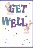 Brimming with cheerful energy, this illustrated get well card features two adorable friends-a kindly teddy bear and a jubilant puppy-each playfully holding the large, colourful letters that spell out 'Get Well.' The bear's honey-brown fur and the puppy's floppy ears are depicted with such tactile charm, one can almost sense their gentle comfort. Bold indigo and teal hues leap against a creamy background, while scattered blue and purple stars shimmer throughout the design, infusing the scene with a whimsical touch reminiscent of magic found near Queensbury's vibrant markets. Every detail is thoughtfully crafted, from the lively characters to the joyful typeface, coming together in a natural expression of hope and recovery. Perfect for sending a message of encouragement and warmth to friends or family recuperating in Queensbury, this card reminds us that even small gestures can bring light and comfort when they're most needed.
