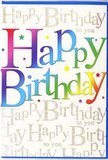 On the front of this birthday card, celebration is expressed through bold colour and soft shimmer, much like a bright arrangement waiting in a Queensbury florist's display. The central focus is the phrase "Happy Birthday," written in wide, inviting letters that look almost like cut-out shapes layered over the background. Each letter is filled with its own stretch of the rainbow, moving from deep, jammy reds and vivid oranges through buttery yellows, crisp greens, cool aquas, and into royal blues and purples, giving the words the lively, varied feel of a market stall overflowing with flowers along a busy Queensbury street. The gradient within each letter is smooth and velvety, lending the text a gentle sense of dimensionality. Set behind this dynamic greeting is a soft, cream-toned backdrop covered with rows of fine, looping golden script, repeating the phrase "Happy Birthday to you" as though whispering the sentiment again and again. The metallic ink catches light subtly, creating tiny flashes that recall the glint of ribbon or the warm reflection of candles in a dining room near Kingsbury and Queensbury. Here and there, minute flecks of shimmer and tiny star-like motifs drift across the surface, echoing the feeling of scattered confetti after a toast. The design achieves a pleasing harmony: playful and colourful at first glance, but with an underlying elegance that makes it feel suitable for both younger and older recipients. Placed next to a vase of fresh, colourful blooms on a Queensbury coffee table, this card would instantly draw the eye and anchor the room's sense of birthday cheer.
